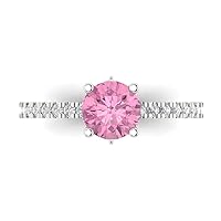 1.51ct Round Cut cathedral Solitaire Pink Simulated Diamond designer Modern Statement with accent Ring Solid 14k White Gold