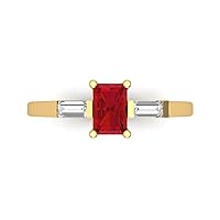 1.05ct Emerald cut 3 stone Solitaire W/Accent Genuine Simulated Ruby Wedding Anniversary Bridal Ring 18K Yellow Gold