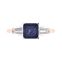 1.59ct Square Emerald Baguette cut 3 stone Solitaire Simulated Blue Sapphire designer Modern Statement Ring 14k Rose Gold