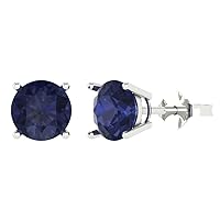 3.0 ct Brilliant Round Cut Solitaire VVS1 Simulated Blue Sapphire Pair of Stud Earrings Solid 18K White Gold Push Back