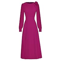 Long Sleeve Pleated Dress for Women Autumn Elegant 3D Floral Solid Midi Party Holiday Dresses Rose Red Robes