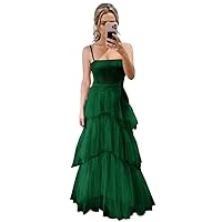 Women's Tiered Prom Dresses Ruffle Tulle Evening Gowns Sleeveless Formal Dress Spaghetti Straps