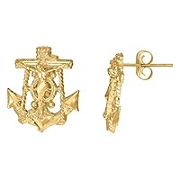 10k Two tone Gold Mens Religious Nautical Ship Mariner Anchor Crucifix Stud Earrings Jewelry for Men
