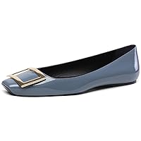 Women's Square Toe Ballet Flats Slip On Flat Shoes Gold Metal Buckle Pumps Patent Leather Wide Width Comfortable Classic Slip On