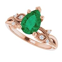 1.5 CT Twig Leafy Pear Shape Emerald Ring 10k Gold, Nature Inspired Wedding Ring Tear Drop Green Emerald Bridal Ring, Branch Emerald Engagement Ring, May Birthstone, Anniversary Ring