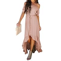 Dokotoo Womens 2024 Off The Shoulder Casual Short Sleeve Maxi Dress High Low Solid Cocktail Skater Dresses