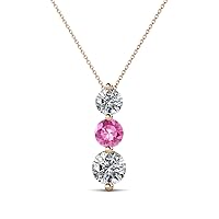 Round Pink Sapphire Diamond 7/8 ctw Graduated Three Stone Drop Pendant 16 Inches Chain 14K Gold
