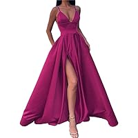 Suspender V Neck Satin Off Shoulder Dress High Split Evening Gowns Women Puffy Prom Dresses Fashion Party Cocktail Gown