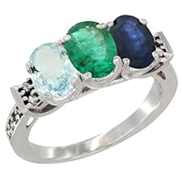 14K White Gold Natural Aquamarine, Emerald & Blue Sapphire Ring 3-Stone Oval 7x5 mm Diamond Accent, sizes 5 - 10
