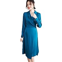 100% Mulberry Silk Full Sleeve Dress Women Notched Collar Adjustable Waist Smooth Shiny Midi Dress