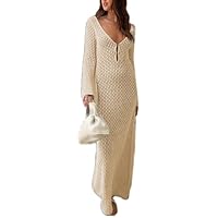 Women's Y2K Hollow Out Sexy Knitted Long Sleeve Maxi Bodycon Dress See Through Backless Beach Bikini Coverup Dress