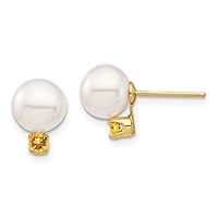 14k Gold 7 7.5mm White Round Freshwater Cultured Pearl Citrine Post Earrings Measures 9.9mm long Jewelry for Women