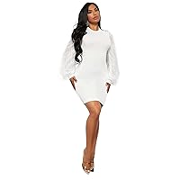 Womens Fall Fashion 2022 Fuzzy Lantern Sleeve Mock Neck Bodycon Dress (Color : White, Size : X-Small)