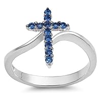 (Blue Sapphire) Sterling Silver 925 Pretty Cross Charm Design CZ Stone Rings 15MM Sizes 3-13 (8)