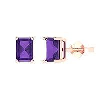 1.0 ct Emerald Cut Solitaire Fine Real Amethyst Pair of Stud Everyday Earrings 18K Pink Rose Gold Butterfly Push Back