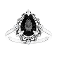 Vintage Halo 2 CT Pear Shape Black Diamond Engagement Ring 10K White Gold, Victorian Pear Drop Diamond Ring, Antique Black Onyx Pear Ring, Wedding Ring, Handmade Rings