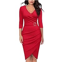 Formal Dress Women Summer Solid Color Sleeve Elegant High Waist Belted Irregular Pencil Red
