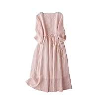Pink Dress Women's Spring Summer Round Neck Seven Quarter Sleeve Embroidered Lace Up Waist Loose Casual Dresses