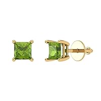 0.9ct Princess Cut Solitaire Natural Light Peridot Unisex pair of Stud Earrings 14k Yellow Gold Screw Back conflict free