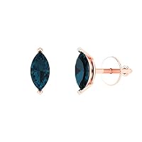 1.1 ct Marquise Cut Solitaire VVS1 Natural London Blue Topaz Pair of Stud Earrings 18K Pink Rose Gold Butterfly Push Back
