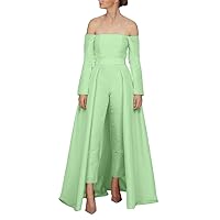 Women's Off Shoulder Jumpsuits Prom Dresses with Detachable Train Long Sleeves Floor Length Evening Gowns Light Green