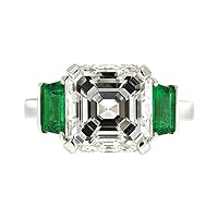 GLOW SPECTRA JEWELS 2.30 Cttw Asscher Shape White Cubic Zirconia & Simulated Green Emerald Wedding Engagement Three Stone Ring In 14K White Gold Plated 925 Sterling Silver