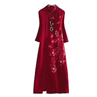 Chinese Style Women Qipao Dress Autumn Embroidery Elegant Loose Lady