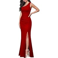 Women's One Shoulder Sleeveless Bodycon Formal Dresses for Evening Party Wedding High Split Cocktail Long Prom Gowns