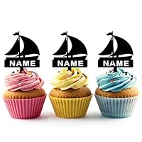 TA0916 Sailing Yacht Boat Silhouette Party Wedding Birthday Acrylic Cupcake Toppers Decor 10 pcs with Personalized Your Name