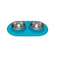 Messy Mutts Double Silicone Feeder with Stainless Bowls | Non-Skid Food Dishes for Dogs for All Pets | Dog Food Bowls | Large, 3 Cups Per Bowl | Blue
