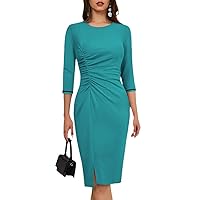 Women Ladylike Round Neck 3/4 Sleeve Shirring Slit Sheath Pencil Dress