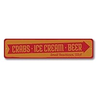 Crabs Ice Cream Beer Sign, Directional Arrow Sign, Custom Beach Location Sign, Beach House Aluminum Decor - 3 x 13