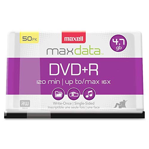 Maxell – MAX639013, DVD-R Blank Disc - 4.7GB Storage Capacity with 16X Write Speed - Write-Once Format for Large File & Superior Archival Life - Compatible with DVD/Player - 50 Pack Spindle Silver