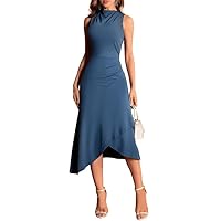 JASAMBAC Womens Sleeveless Midi Dresses Elegant Cowl Neck Ruched Cocktail Party Wedding Bodycon Pencil Dress