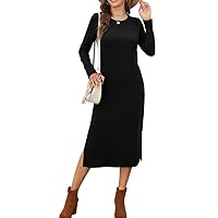 Naggoo Women Long Sleeve T Shirt Midi Dress Casual Plain Dressy Split Crewneck Maxi Dresses with Pockets
