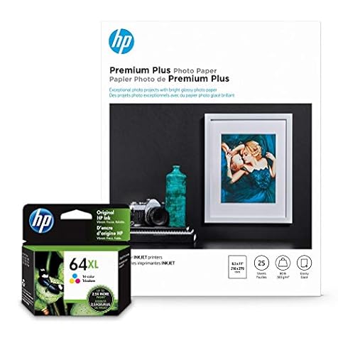 HP 64XL Tri-Color Inks + HP Premium Plus Photo Paper, Glossy, 25 Sheets, 8.5x11