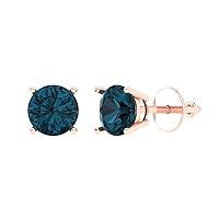 Clara Pucci 1.0 ct Round Cut Conflict Free Solitaire Natural London Blue Topaz Designer Stud Earrings Solid 14k Rose Gold Screw Back