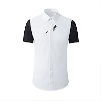 通用 Men's Short Sleeve Shirt Black and White Colorblock Lightning Print Business Slim Short Sleeve Shirt
