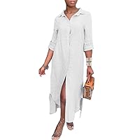 Women Sexy Button Down Cotton Linen Long Shirt Dress Casual 3/4 Rolled-Up Sleeve Long Cotton Blouse Maxi Dress