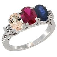 10K White Gold Natural Morganite, Enhanced Ruby & Natural Blue Sapphire Ring 3-Stone Oval 7x5 mm Diamond Accent, Sizes 5-10