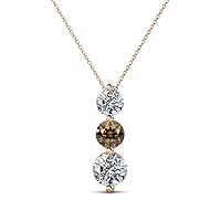 Round Smoky Quartz Diamond 7/8 ctw Graduated Three Stone Drop Pendant 16 Inches Chain 14K Gold