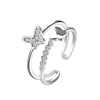 CZ Butterfly 925 Sterling Silver Ring for Women Girls Crystal Promise Statement Stacking Expandable Open Rings Adjustable Hand Made Jewelry Dainty Birthday Anniversary Christmas Valentines Gifts