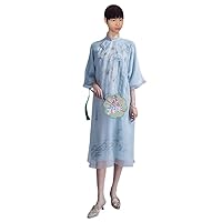 Women's Silk Embroidery Dress Elegant Half Sleeve Mock Neck Cocktail Party Midi Dresses 2727