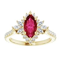 1.5 CT Dahlia Marquise Ruby Engagement Rings 14k Gold, Blooming Flowers Red Ruby Ring, Halo Marquise Ruby Diamond Ring, July Birthstone Ring