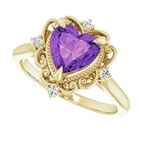 Vintage 1 CT Heart Amethyst Ring 18k Yellow Gold Ring, Halo Filigree Natural Amethyst Diamond Ring, Victorian Purple Amethyst Ring, Sculptural Ring Annivarsary