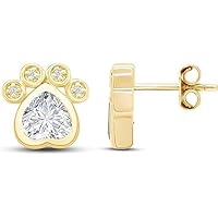 || 1.50 CT Heart Cut Simulated White Diamond Dog Paw Print Stud Earrings 14K Yellow Gold Finish For Women's & Girl's 925 Sterling Silver