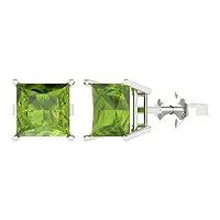 2.9ct Princess Cut Solitaire Natural Light Green Peridot Unisex pair of Stud Earrings 14k White Gold Push Back conflict free