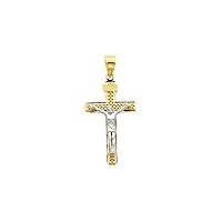 14K Two-tone D/C Large Block Lattice Cross w/Crucifix Pendant Fine Jewelry Gift For Her For Women