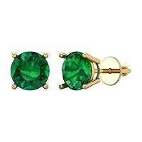 3.0 ct Round Cut Solitaire Genuine Simulated Green Emerald Pair of Designer Stud Earrings Solid 14k Yellow Gold Screw Back