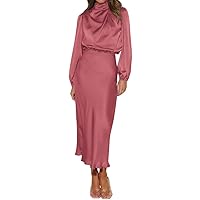 Women Halter Neck Satin Dresses Split Solid Color Cocktail Dress Elegant Long Sleeve Fall Dresses